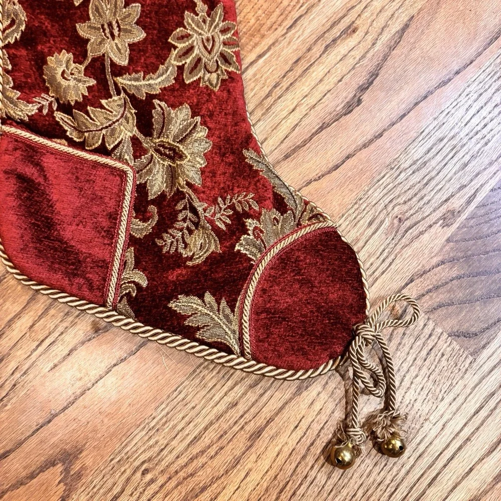 Villa Bacci Red‎ Velvet Christmas Stocking Gold Floral Brocade Tassel Bells 24